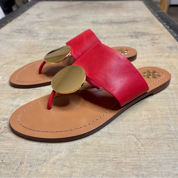 Tory Burch Patos Disk Thong Leather Sandals, Brilliant Red/Gold Size 7M - Picture 3 of 8
